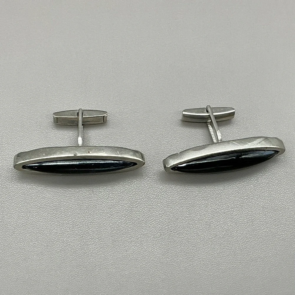 Kent Cufflinks Black Hematite Style Silver Tone Oval Mid Century Vintage29.99